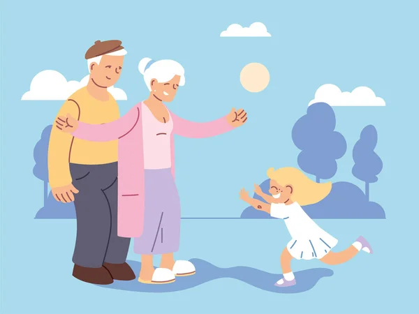 Παππούς και γιαγιά με εγγονή, ευτυχισμένη ημέρα παππούδων — Διανυσματικό Αρχείο