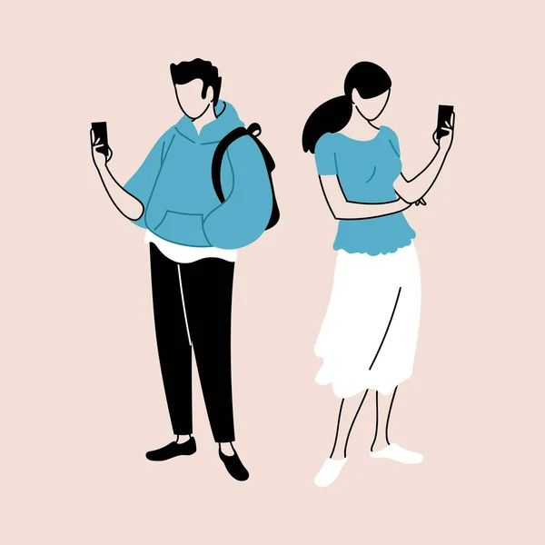 Couple of people using smartphones, man and woman with mobile devices — Stock Vector