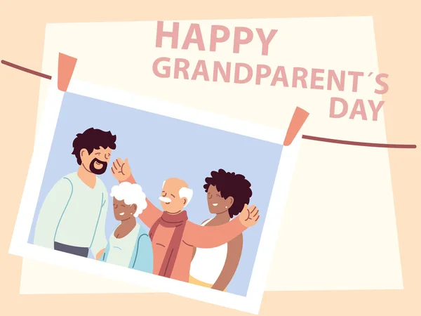 Cartel del día de los abuelos feliz con foto de la familia feliz — Vector de stock