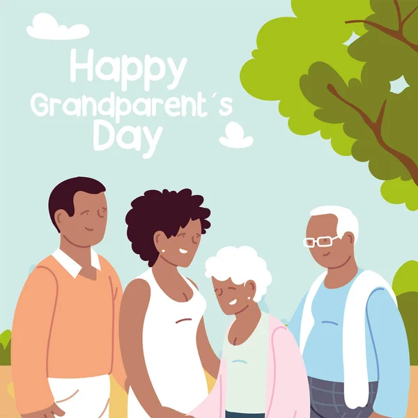 Familia feliz, nieta, nieto y abuelos celebrando el día de los abuelos — Vector de stock