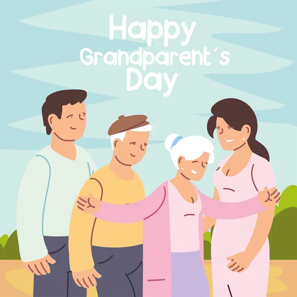 Happy family, granddaughter, grandson and grandparents celebrating grandparents day — Stock Vector