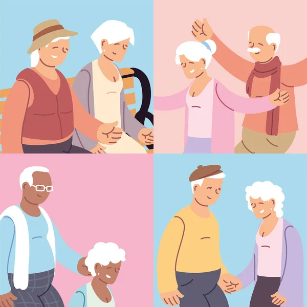 Σετ καρτών με ηλικιωμένα ζευγάρια, χαρούμενη ημέρα παππούδων — Διανυσματικό Αρχείο