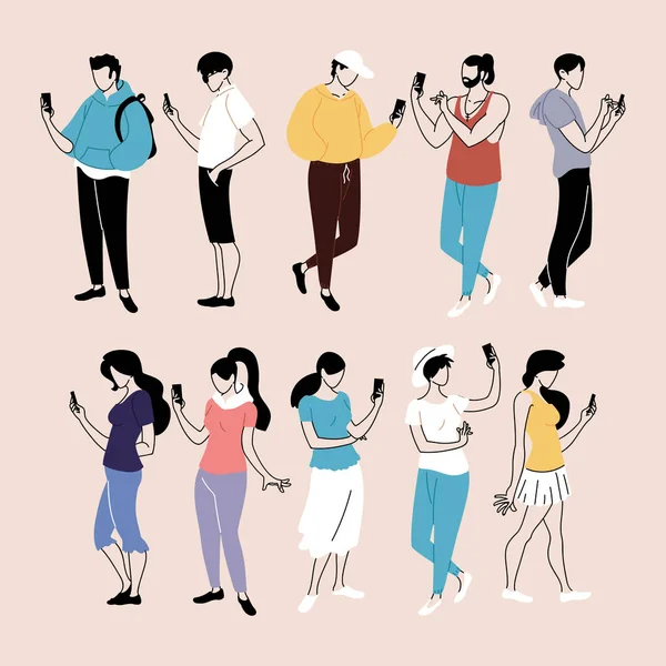 Okostelefont használó emberek, férfiak és nők csoportja mobilkészülékkel — Stock Vector