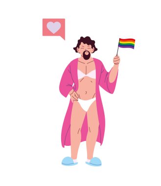 Igbti bayrağı ve kalp kabarcığı vektör tasarımlı travesti adam çizgi filmi