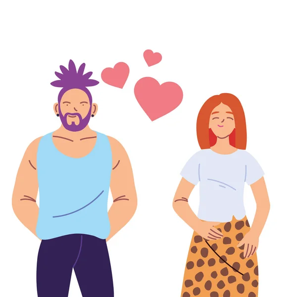 Pareja de la mujer y el hombre de dibujos animados con corazones diseño de vectores — Vector de stock