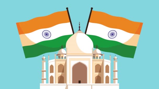 Indie Den nezávislosti oslavy s vlajkami v taj mahal — Stock video