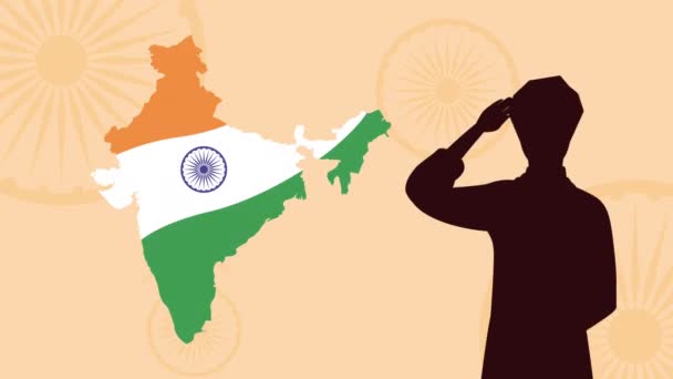 Fête de l'indépendance de l'Inde avec drapeau sur la carte et la silhouette de l'homme — Video