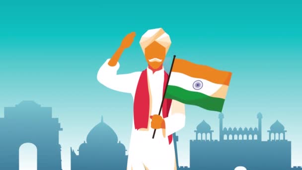 India independence day celebration with man and flag — Stock Video