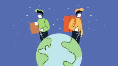 Güvenli teslimat kuryeleri karton kutuları ve Dünya gezegeni maskeleri takıyorlar.
