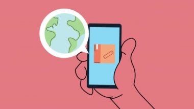 akıllı telefon kutu karton ve dünya gezegen dağıtım hizmeti animasyonu