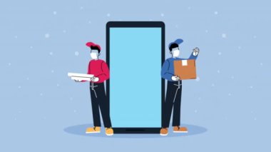 Güvenli teslimat kuryeleri tıbbi maskeler takıyor. Kutuları ve pizza kutularını akıllı telefonlara koyuyorlar.