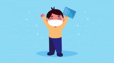 Tıbbi maske takan küçük bir öğrenci.