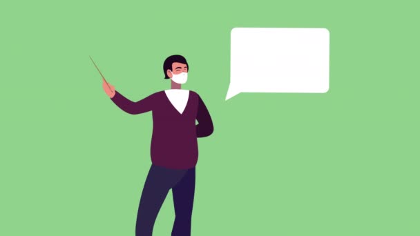 Férfi tanár orvosi maszkot visel kovid19 beszédbuborékkal — Stock videók