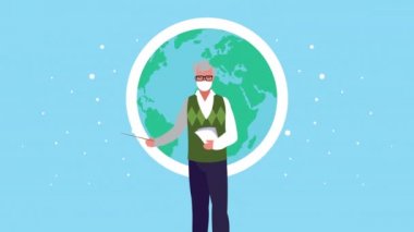 Erkek öğretmen, Dünya gezegeniyle Covid19 için tıbbi maske takıyor.