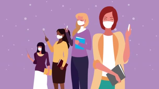 Женщины-учителя в медицинских масках для covid19 персонажей — стоковое видео