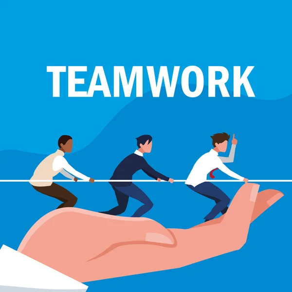 Teamwork met zakenmensen elegant en trek touw in de hand — Stockvector