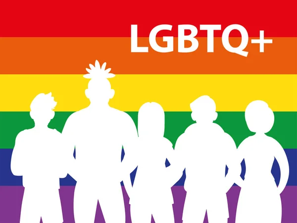Silueta de personas con fondo de arco iris, símbolo de orgullo gay — Vector de stock