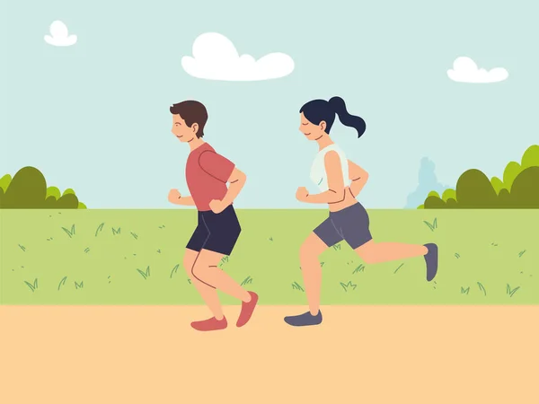 Pareja de personas corriendo o trotando, actividad al aire libre — Vector de stock