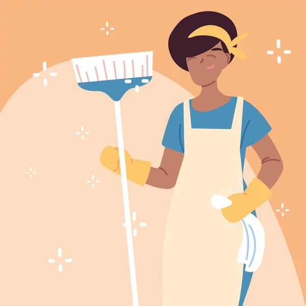 Temizlik personeli, temizlik malzemesi olan kadın. — Stok Vektör