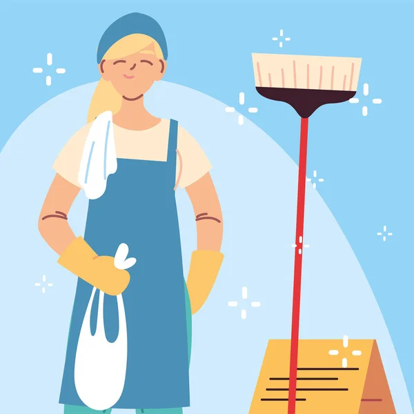 Гигиенический персонал, женщина с оборудованием для уборки — стоковый вектор