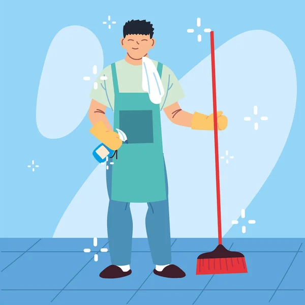 Personnel d'hygiène, homme avec équipement de nettoyage — Image vectorielle