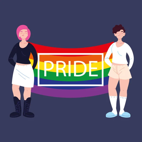 Άτομα με σημαία υπερηφάνειας ΛΟΑΤΚΙ, ισότητα και δικαιώματα των ομοφυλοφίλων — Διανυσματικό Αρχείο