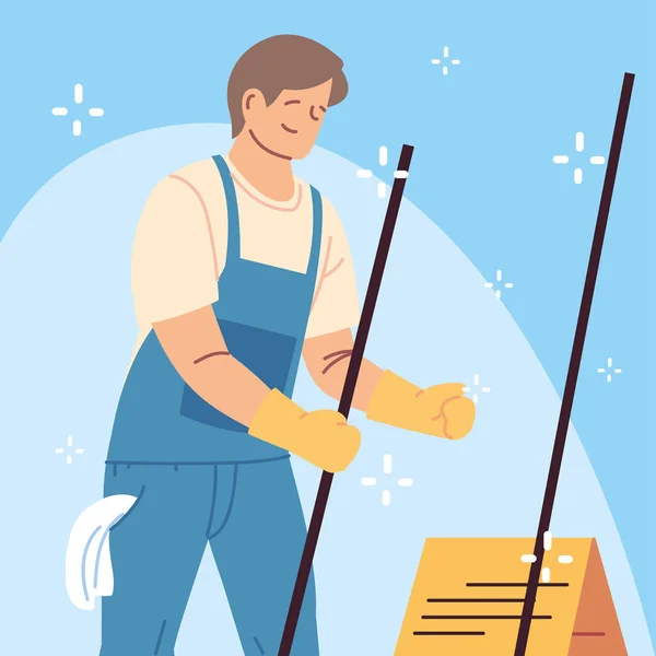 Personal de higiene, hombre con equipo de limpieza — Vector de stock