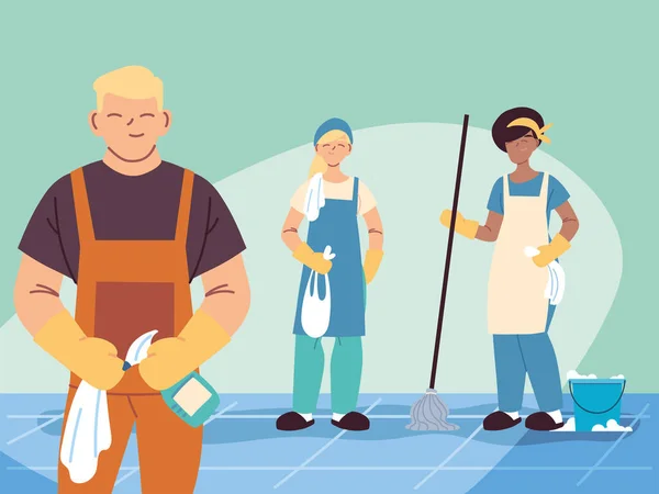 Pessoal de higiene trabalhar em equipe, serviço de limpeza de zeladores —  Vetores de Stock