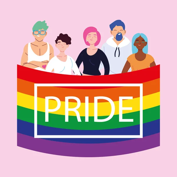 Menschen mit LGBTQ-Flagge, Gleichberechtigung und Homosexuellenrechten — Stockvektor