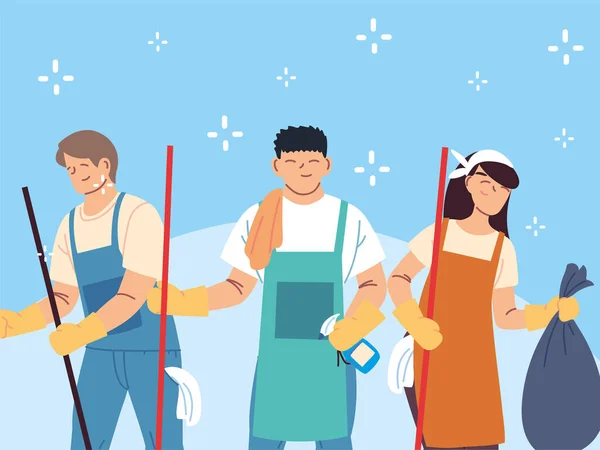 Il personale di igiene lavora come un team, inservienti servizio di pulizia — Vettoriale Stock