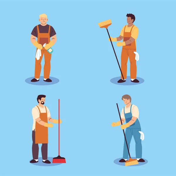 Schoonmaakpersoneel, professioneel schoonmaakpersoneel, huishoudelijk schoonmaakpersoneel en schoonmaakmiddelen — Stockvector