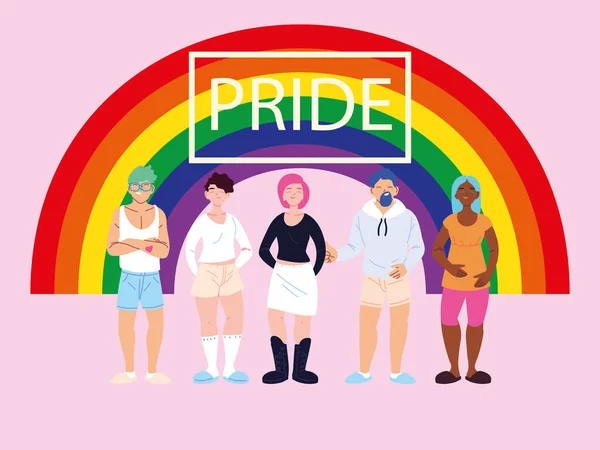 Pessoas com fundo de arco-íris, símbolo de orgulho gay — Vetor de Stock