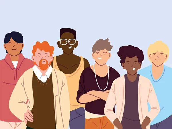 Personnes multiculturelles, hommes avec différents vêtements décontractés — Image vectorielle