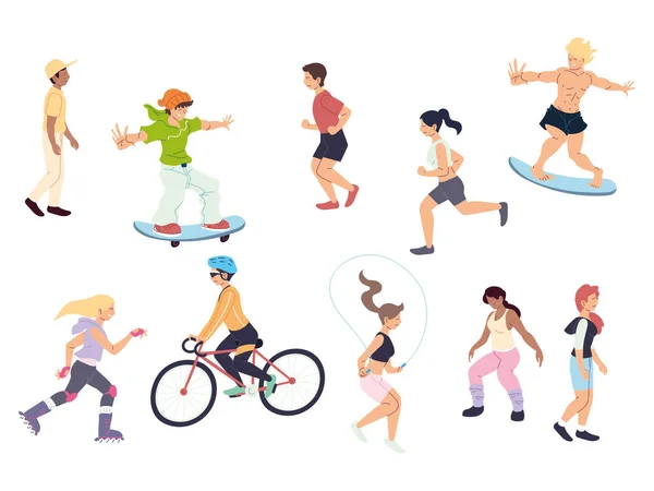 Conjunto de personas que realizan actividades al aire libre — Vector de stock