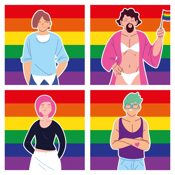 Conjunto de cartões com as pessoas e bandeira orgulho LGBTQ — Vetor de Stock