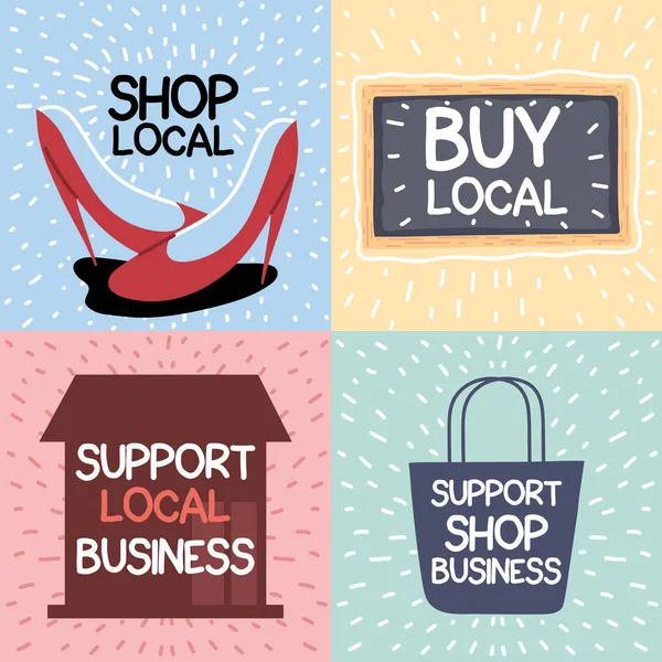Set di icone campagna negozio locale, supporta le imprese locali — Vettoriale Stock