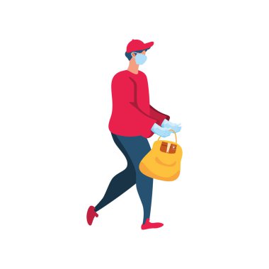 Yüzü maskeli teslimatçı karantinadaki insanlara teslimat yapıyor.