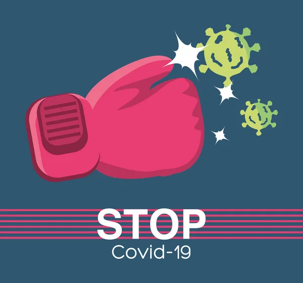 Detener covid 19, la lucha contra el coronavirus, pandemia médica con células peligrosas — Vector de stock