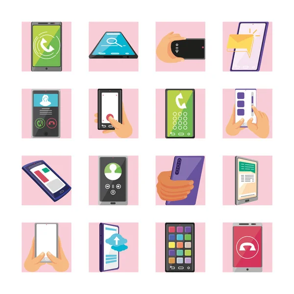 Conjunto de iconos con teléfonos inteligentes modernos sobre fondo blanco — Vector de stock