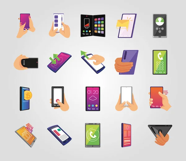 Conjunto de iconos con pantallas de teléfonos inteligentes sobre fondo blanco — Vector de stock