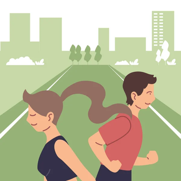 Nő és férfi fut a város vektor tervezés — Stock Vector