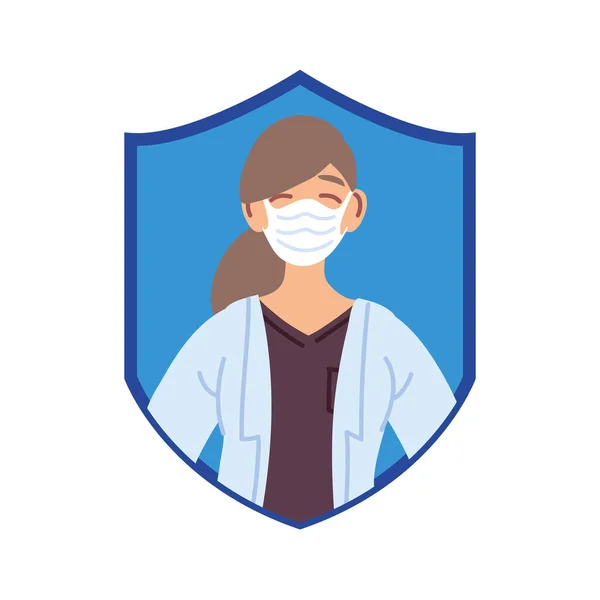 Isolated woman doctor with medical mask in shield vector design — Stock Vector