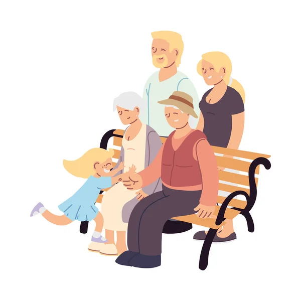 Grandmother grandfather parents and granddaughter on bench vector design — Stock Vector