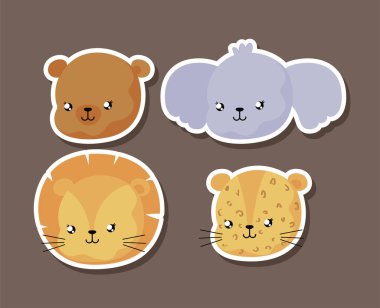 Bebek kartı ve davetiyesi için bir takım hayvan yüzleri