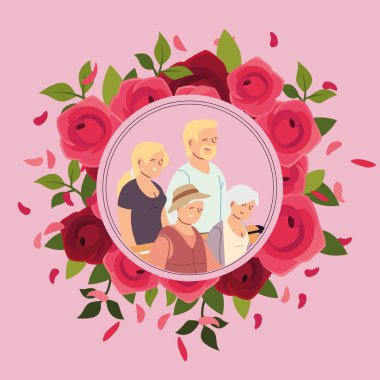 Büyükanne, büyükbaba, kız ve oğlan gül vektör tasarımlı.
