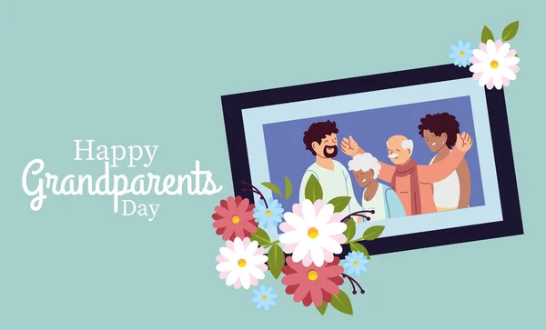 Grandmother grandfather daughter and son in frame with flowers vector design — Stock Vector