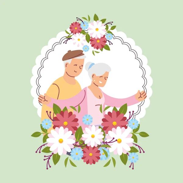 Γιαγιά και παππούς σε κύκλο με λουλούδια διανυσματικό σχεδιασμό — Διανυσματικό Αρχείο