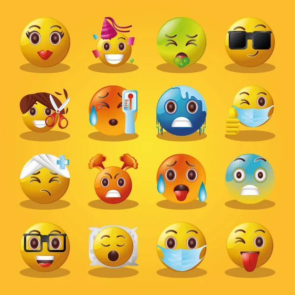 Set of emoticons on yellow background — Stock Vector