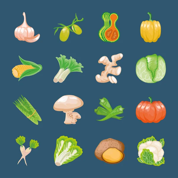 Zestaw ikon świeżych owoców i warzyw — Wektor stockowy