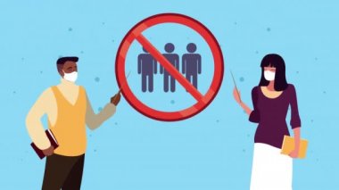 Kalabalıktan kaçınan 19 karakter için tıbbi maske takan öğretmenler